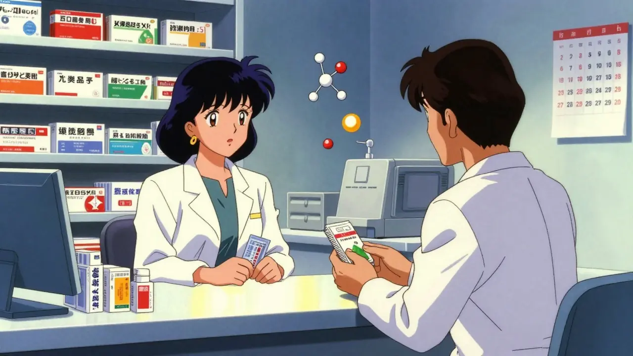薬局で薬剤師と患者が服薬相談している様子