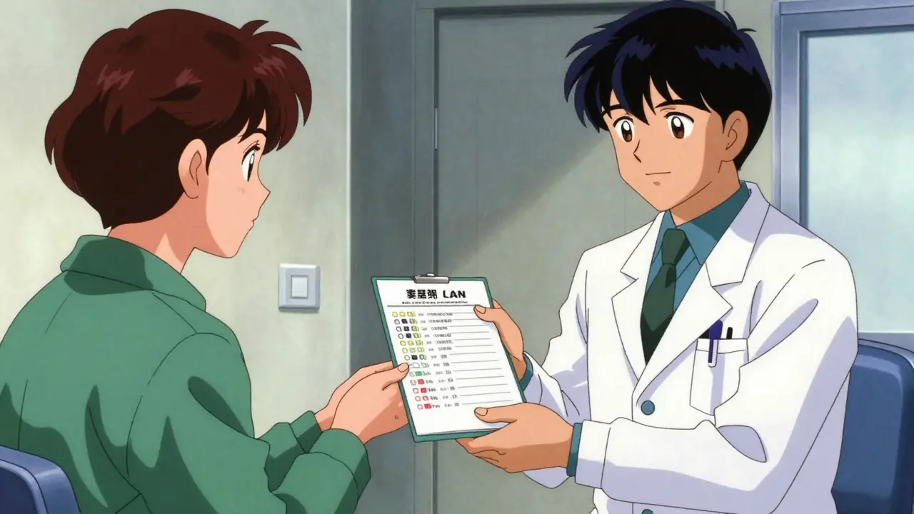 医師に整理された薬剤リストを自信を持って提示する患者の80年代アニメ風イラスト