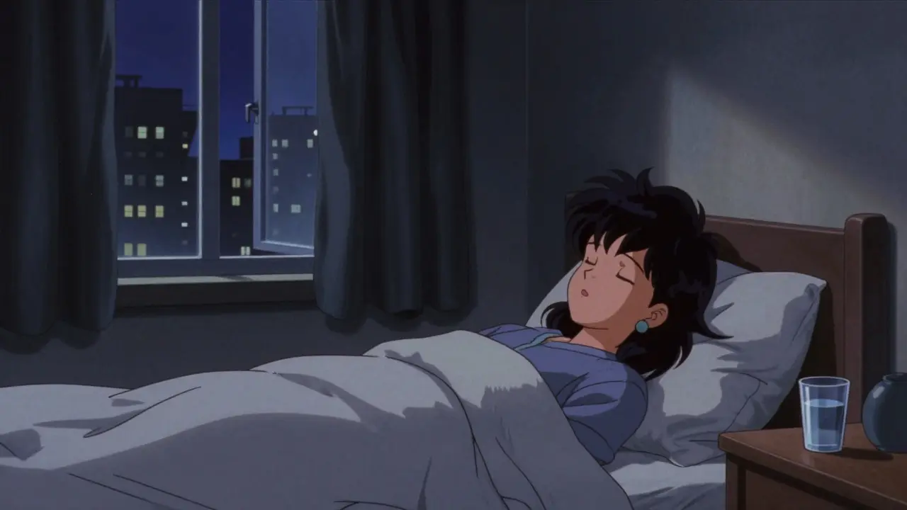 遮光カーテンなどが整えられた理想的な睡眠環境の80年代アニメ風イラスト