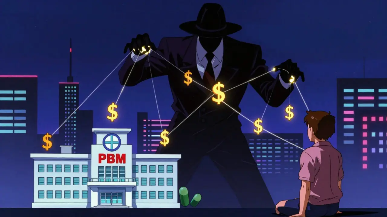 中抜き業者PBMの不透明な構造を操り人形に例えたアニメ風の描写