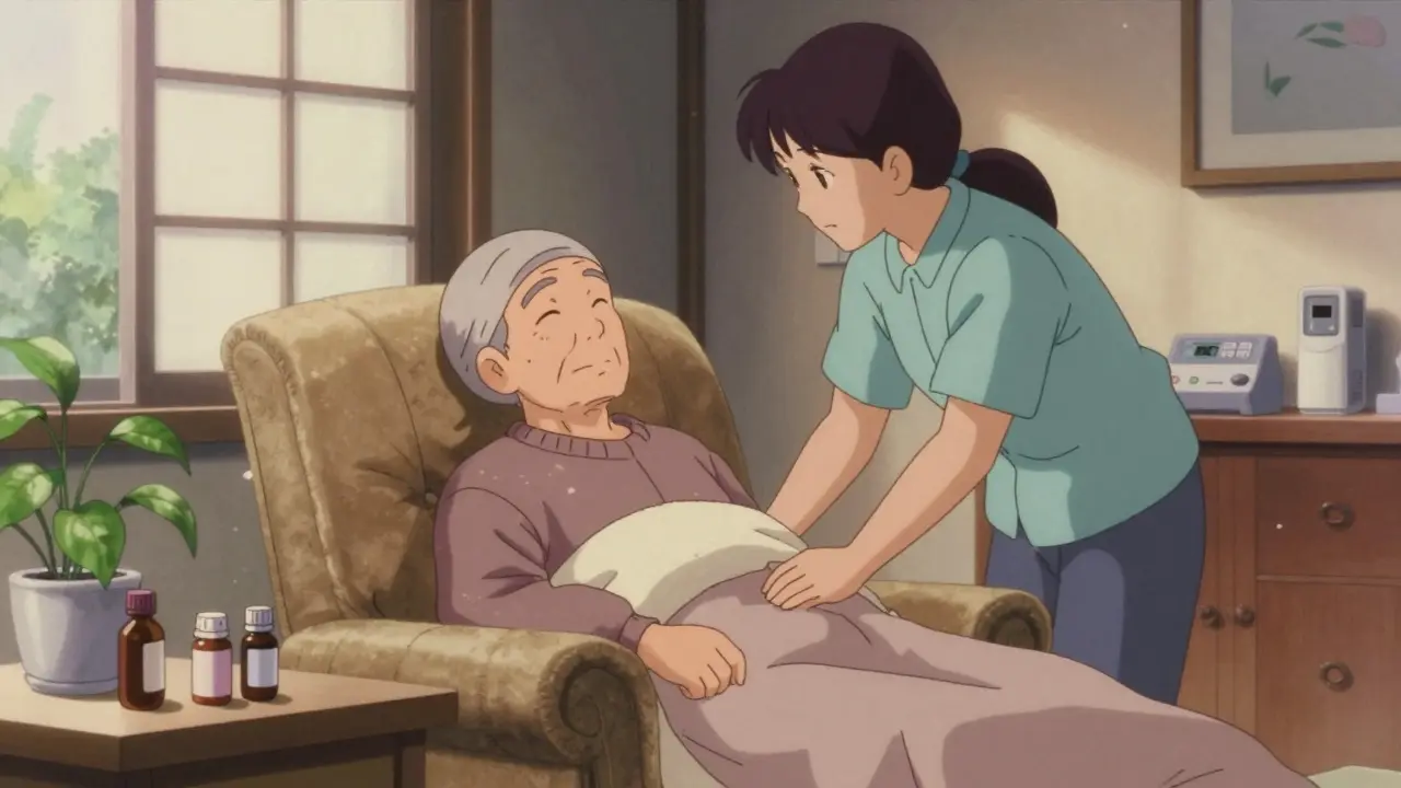 自宅療養中の患者と家族の介護シーンのアニメ風描写