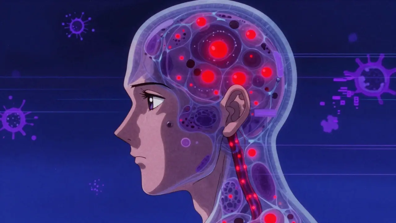 80年代アニメ調の抽象画で、目に見えない癌前病変が周囲に広がるフィールドキャンサーゼーションを表現