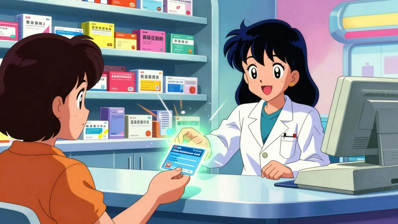 薬局でコペイ補助カードを受け取る患者と薬剤師のシーン