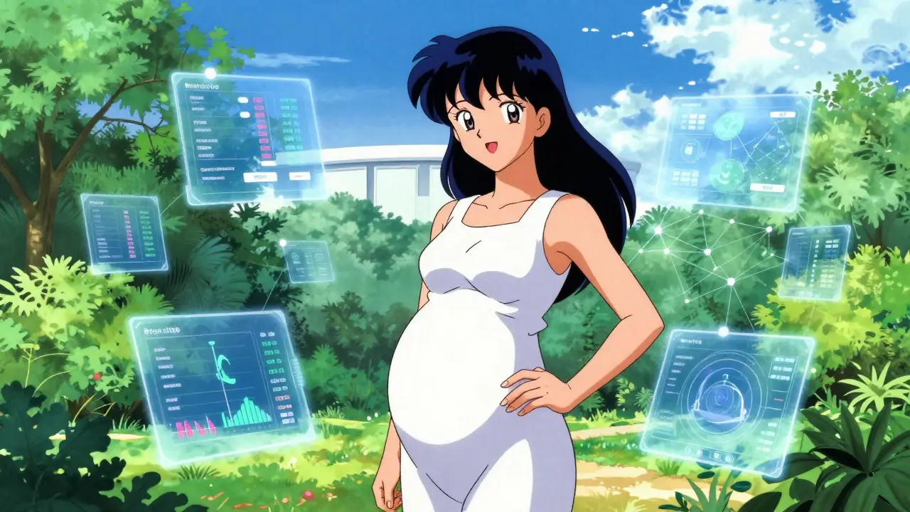 AIとリアルタイムデータで健康を守る妊婦を描く未来的で希望的な80年代アニメ風アート