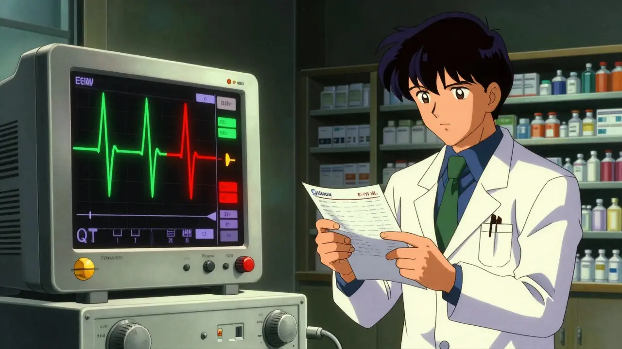ECGモニターと薬剤師がリスクを警告する80年代アニメ風イラスト