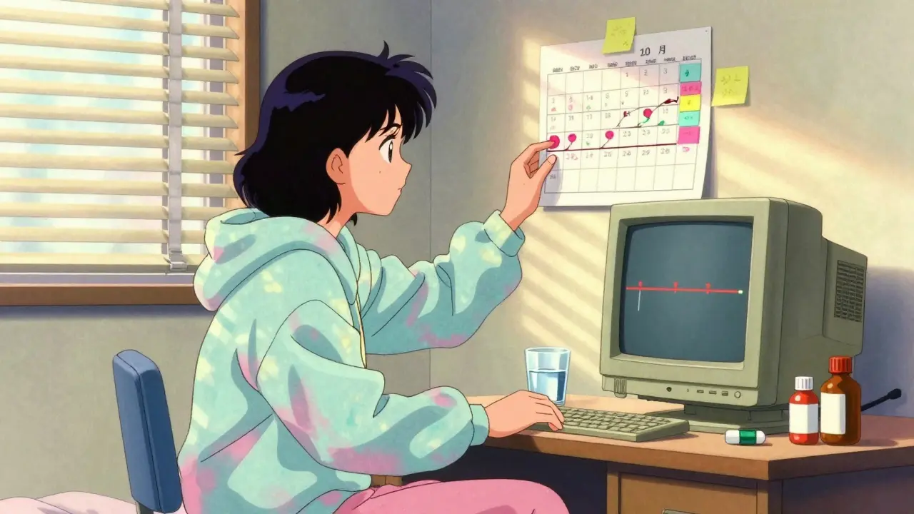 カレンダーを見ながら薬の服用スケジュールを管理する女性の80年代アニメ風イラスト