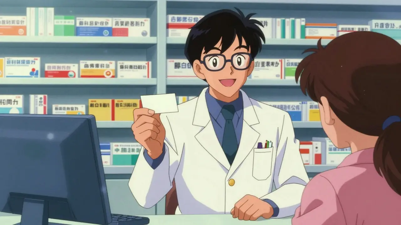 薬剤師が患者に正しい服薬タイミングを説明する80年代アニメ風の薬局のシーン