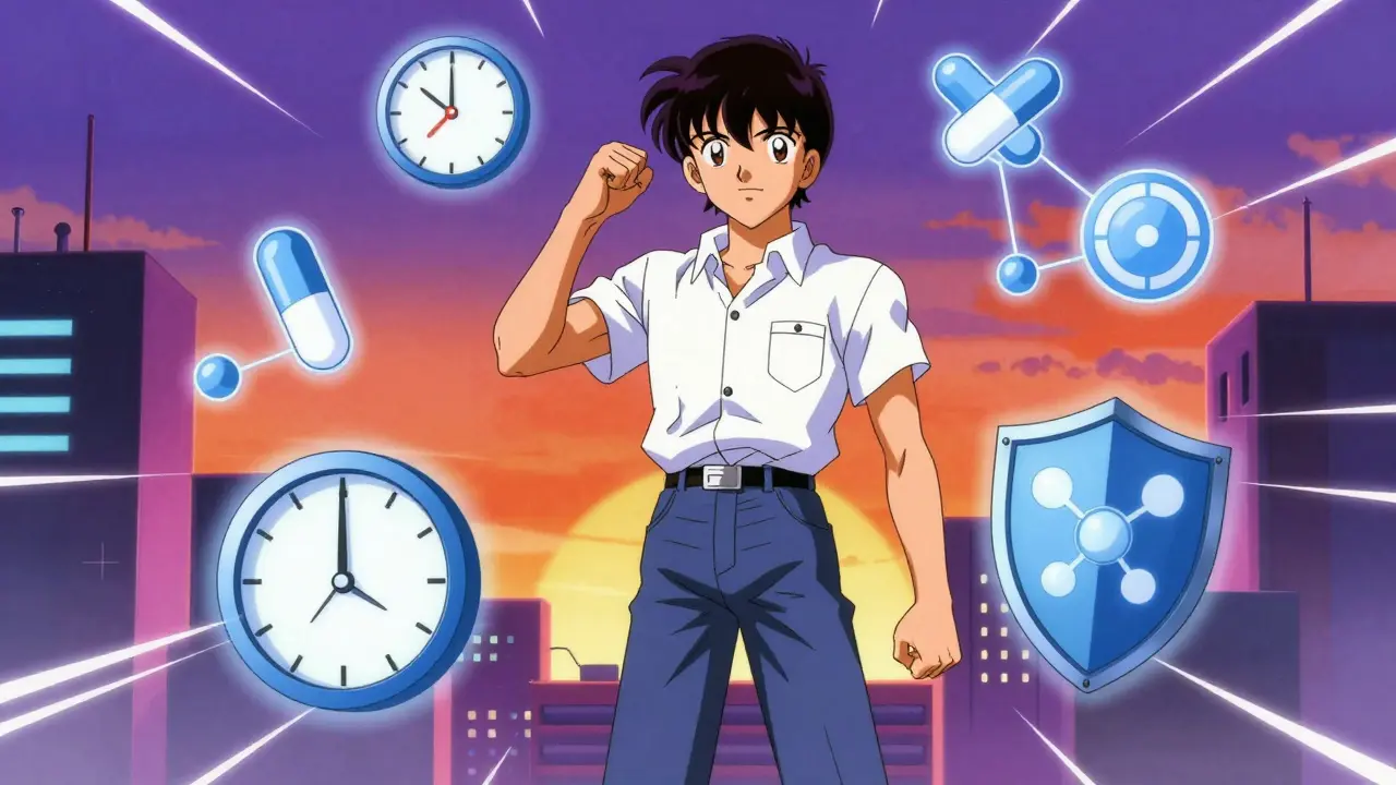薬の安全に関する抽象的なアイコンに囲まれ、自信を持つ患者を描いたレトロアニメスタイルの概念図