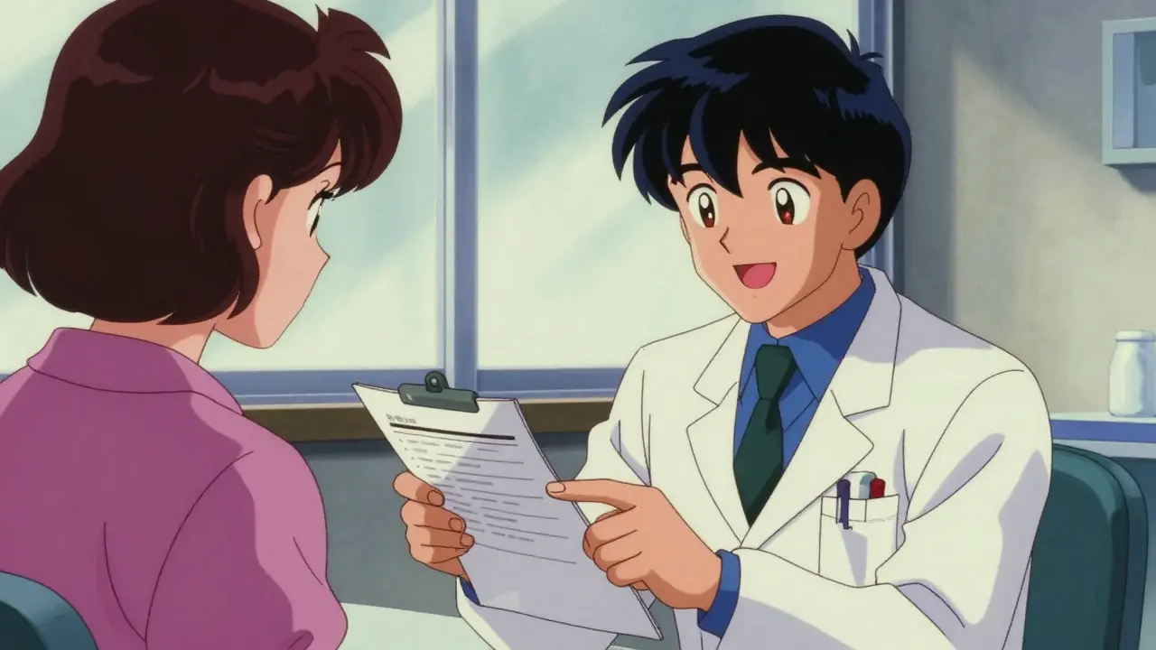 医師と患者がチェックリストを見ながら対話する明るく協力的なシーンの80年代アニメ風描写
