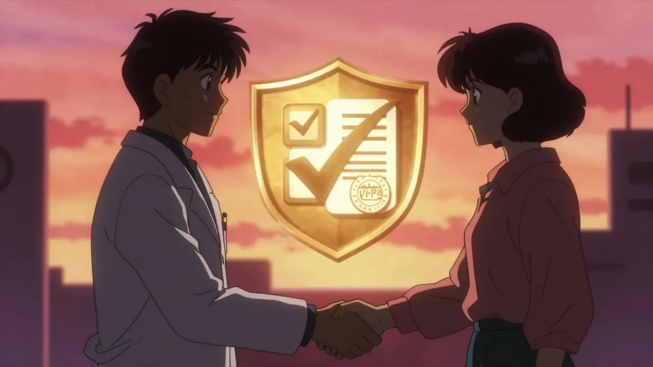 80年代アニメ風：安全な購入を示す盾と医師・患者のシルエット