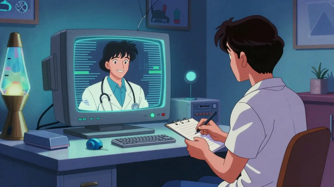 80年代アニメ風：安全なテレメディスン相談シーン
