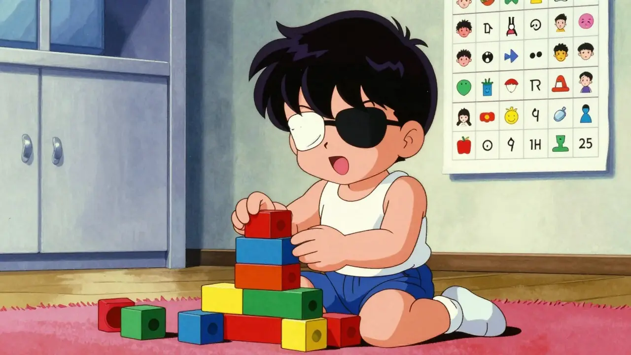 パッチング療法を受ける子供が遊ぶ80年代アニメ風イラスト
